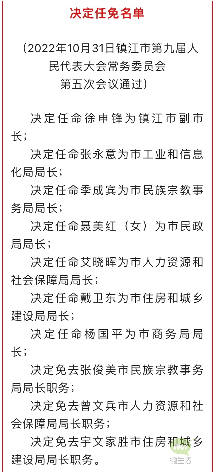 镇江市最新人事任命